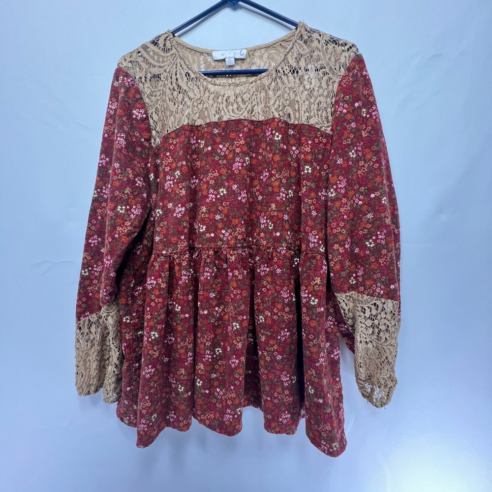 Eri + Ali Babydoll Cottagecore Boho Floral & Lace Tunic Top XL Lace Yoke & Cuffs